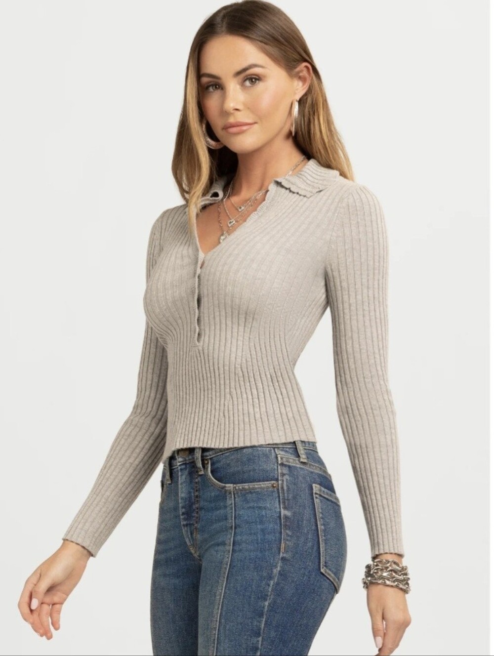 Jessica Simpson Women's L Heather Gray Luanne Polo Sweater Long Sleeved NWT